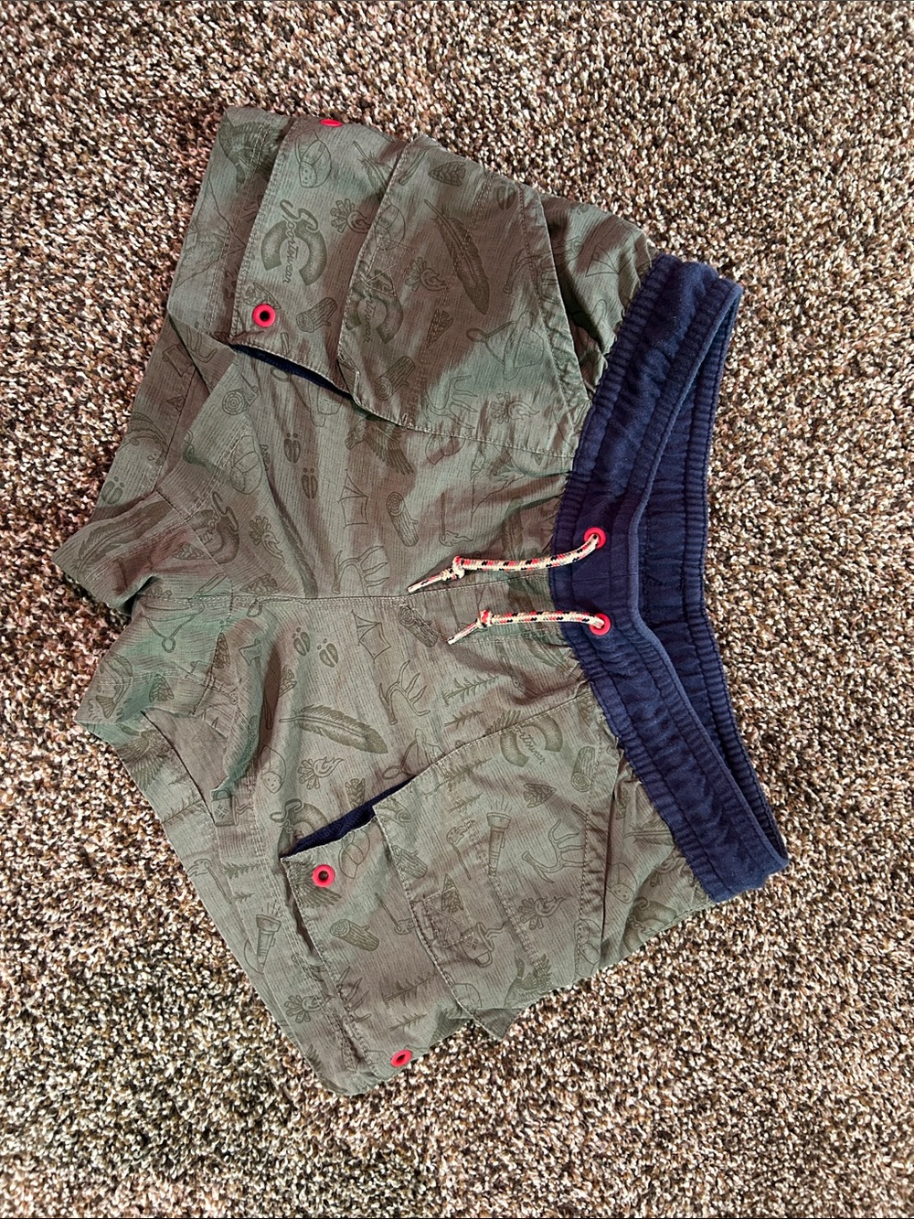 Columbia Olive Green Cargo Shorts with Navy Elastic Waistband and Red Accents